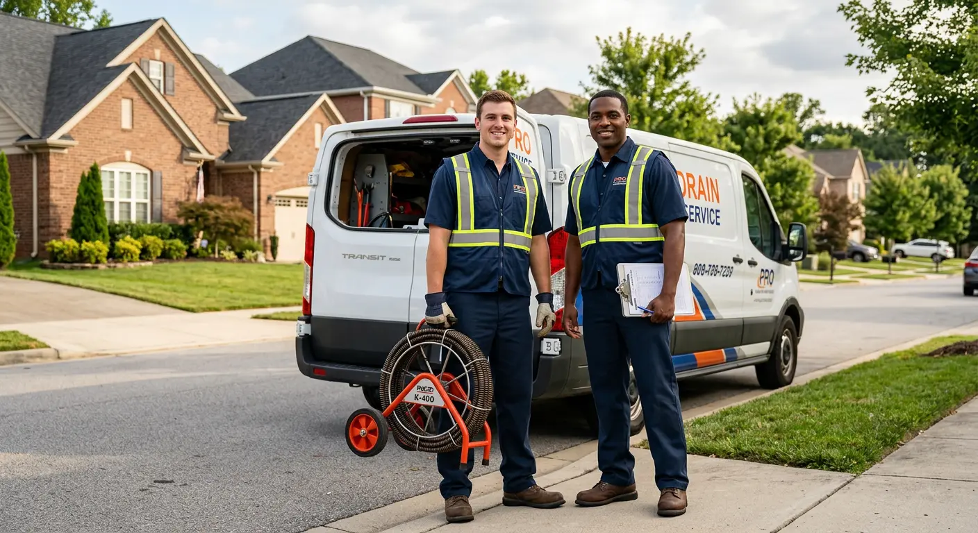 Sewer and drain service team with equipment ready for work in Coal