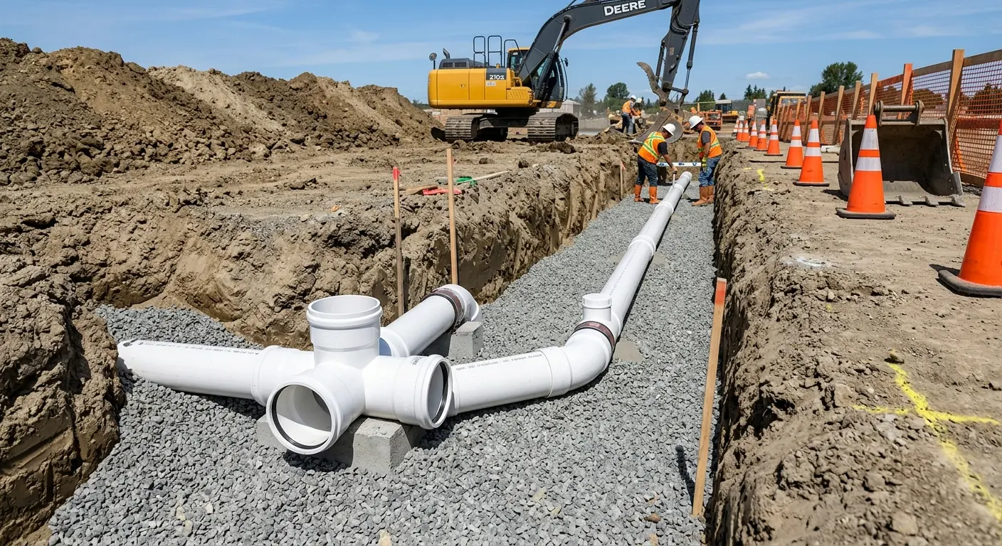 New PVC sewer pipe installation in open trench for Commercial Drain Cleaning in Coal