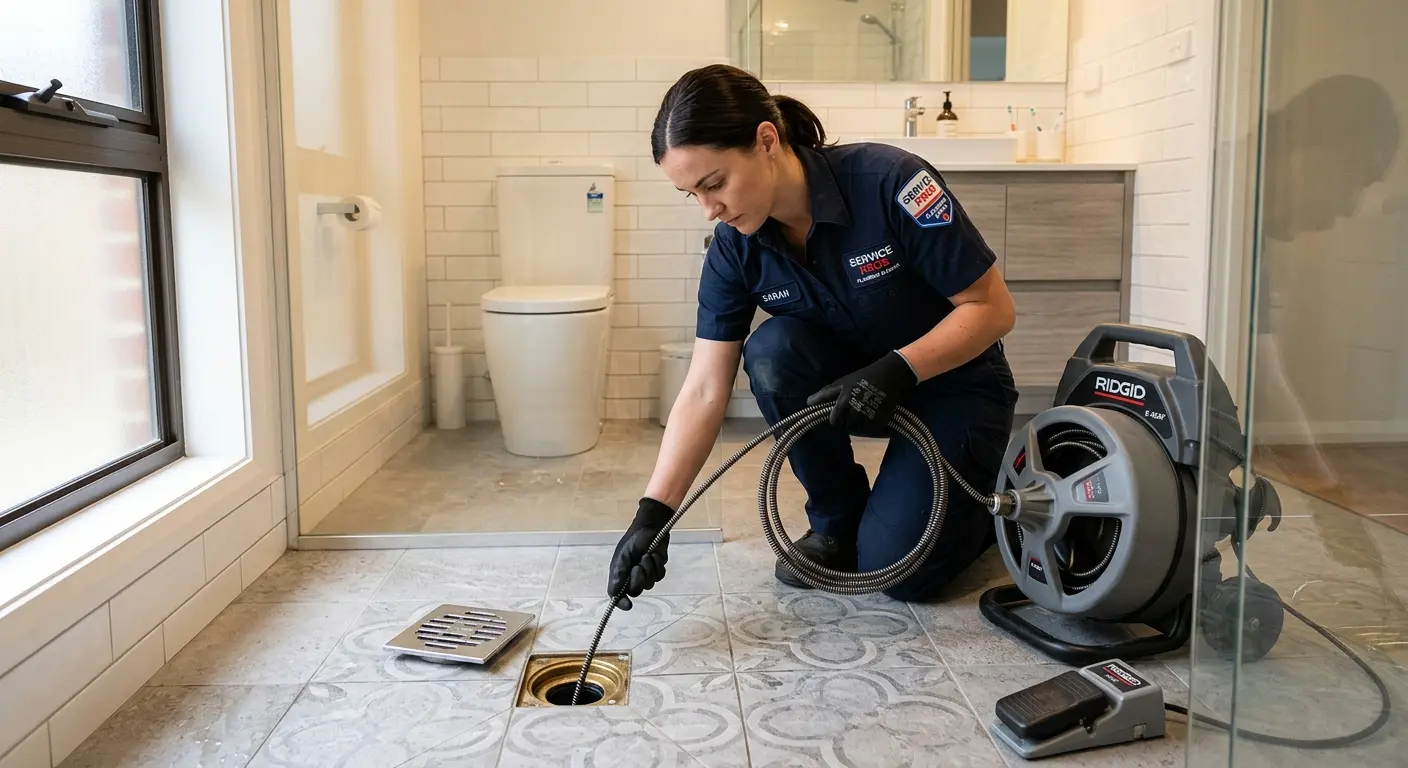 Technician clearing a bathroom floor drain for Hydro Jetting in Coal